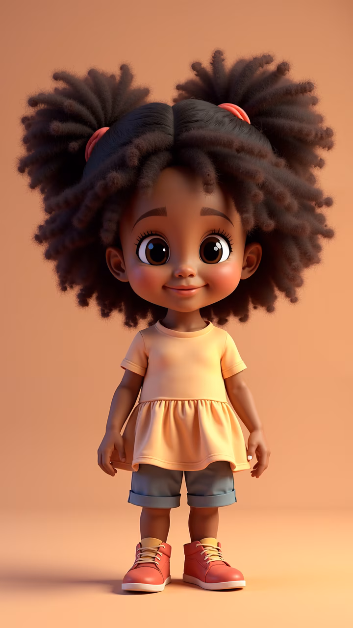 A cute cartoon girl with big hair and a cheerful expression, perfect for children's art.