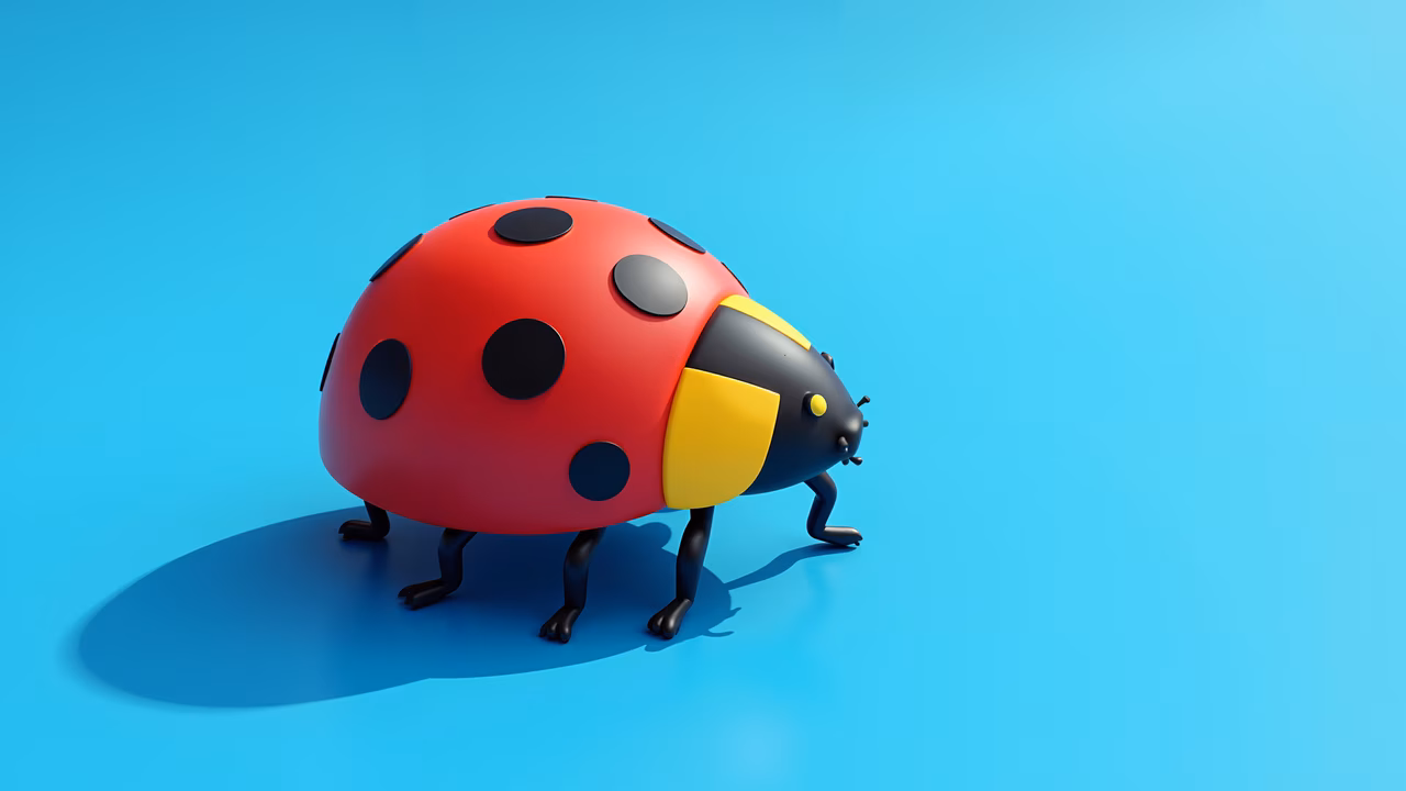 Brightly colored cartoon ladybug on a blue background.