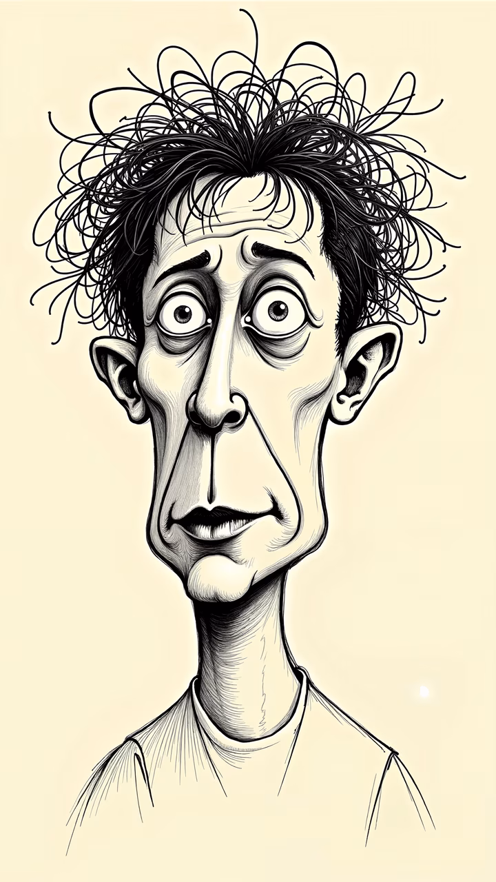 Exaggerated cartoon portrait with playful expressions and intricate hair details.