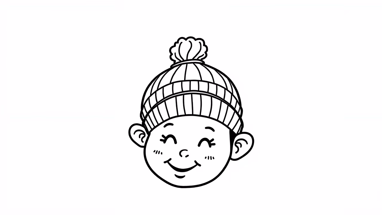 A cute cartoon face wearing a winter hat, perfect for children's art and winter decor.