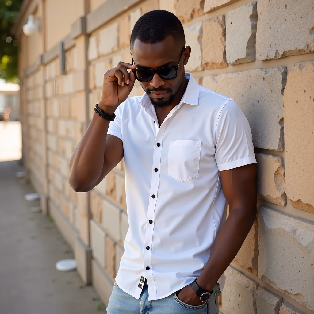 Casual Confidence: Stylish Man Leaning Against Stone Wall