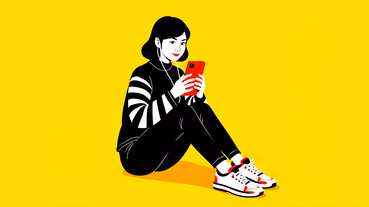 Minimalist illustration of a casual listener in a vibrant setting.