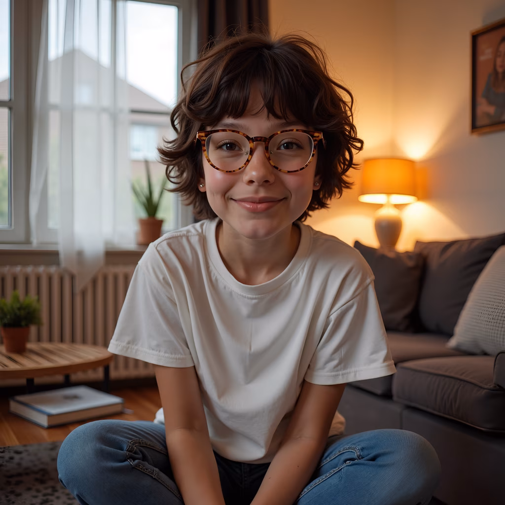 Casual portrait of a young person in a cozy living room setting.