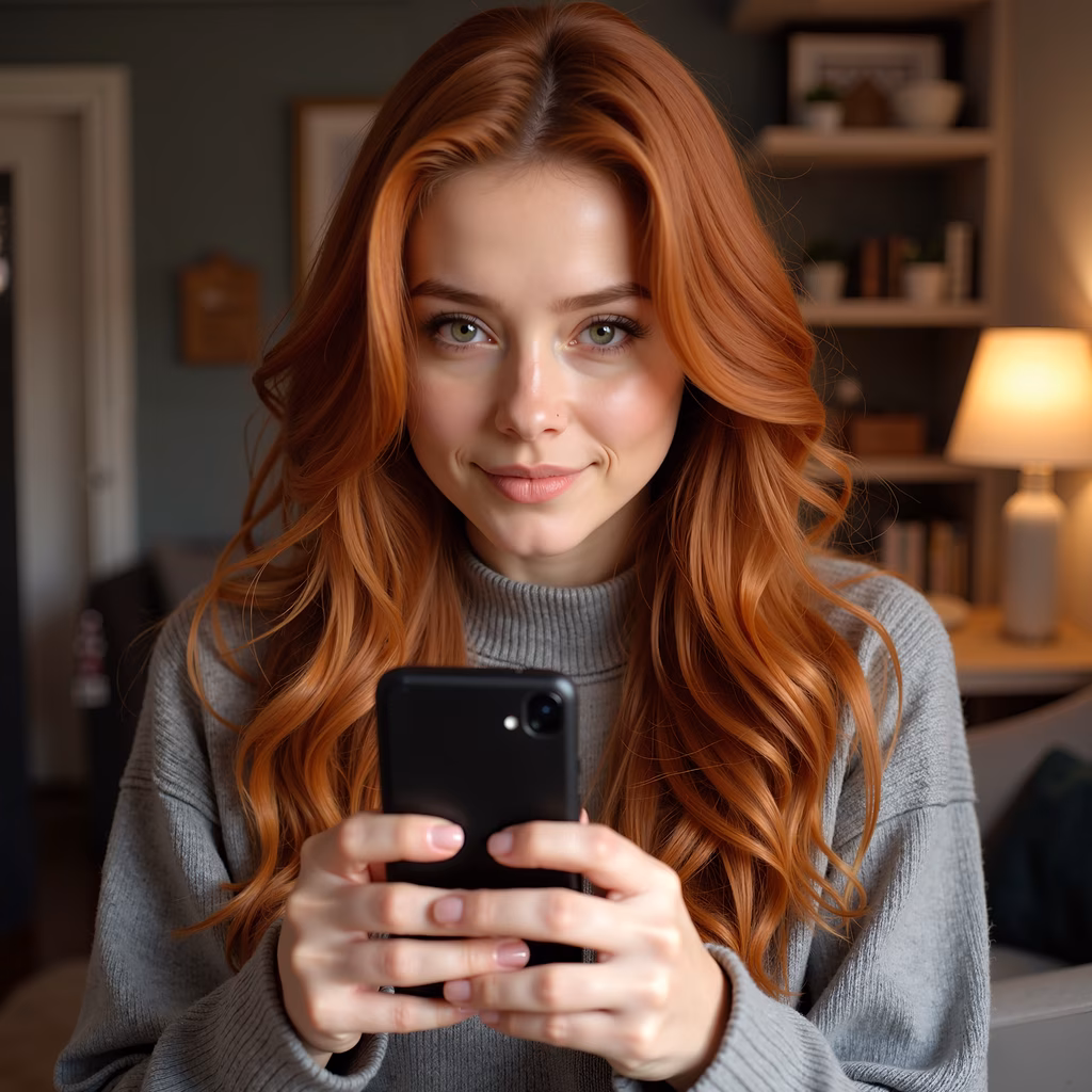 Close-up portrait of a person with red hair, holding a smartphone in a cozy indoor setting.