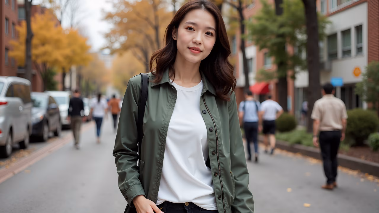 Casual street photography capturing a young woman walking in an urban setting with autumn colors.