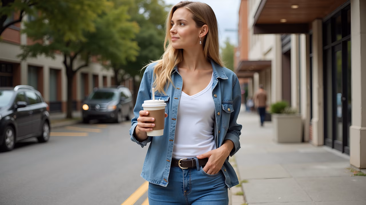 Casual woman walking with coffee in urban setting