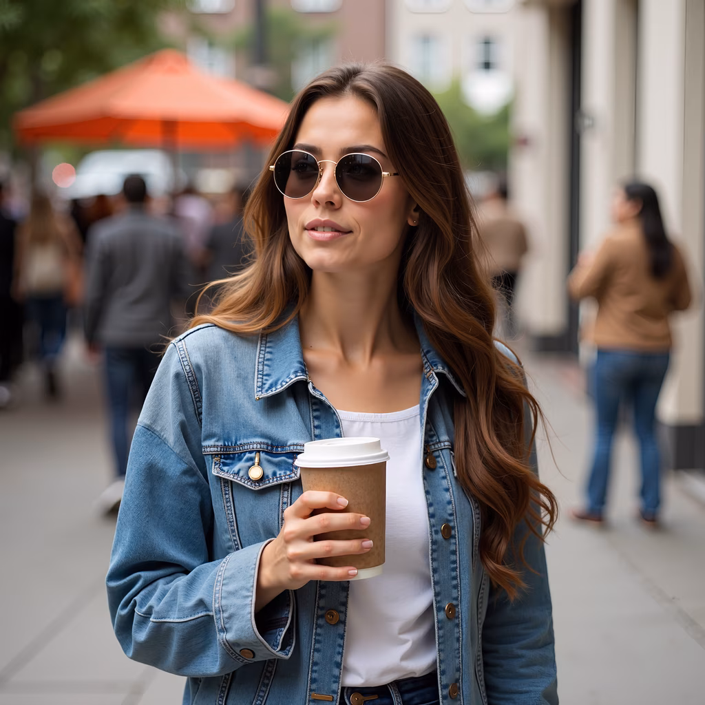 Casual street style in a denim jacket and sunglasses, holding a coffee cup.