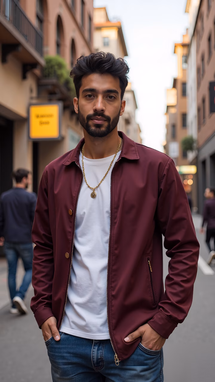 Casual street style portrait of a young man in a maroon jacket and white t-shirt, set against an urban backdrop.