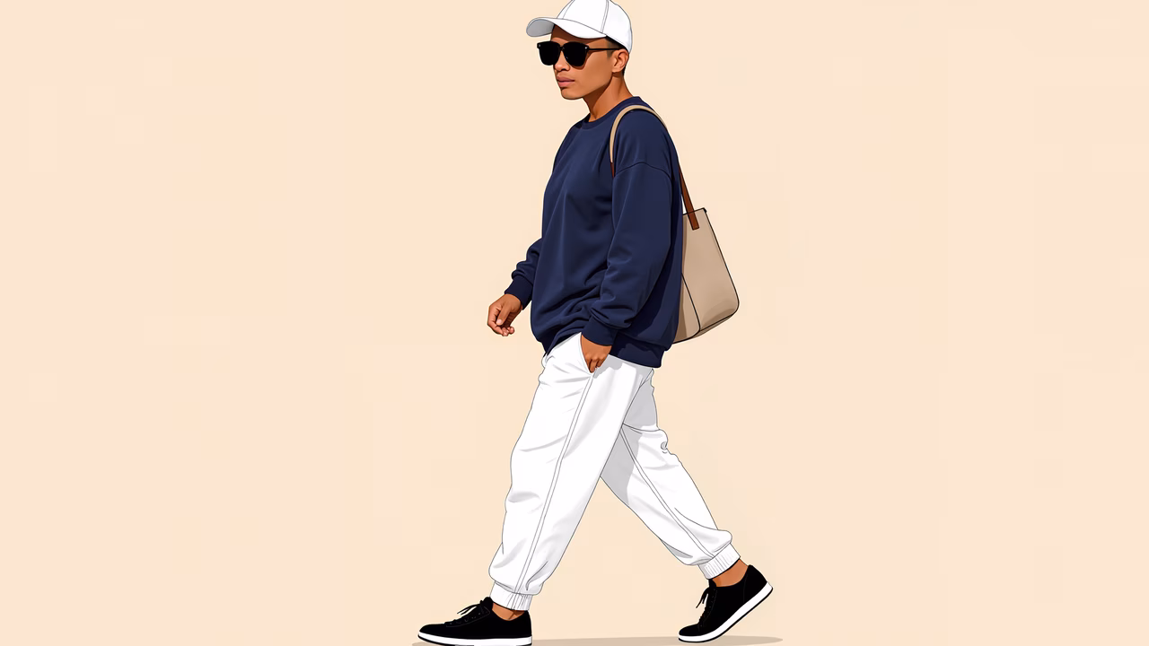 Casual fashion illustration of a relaxed stroll in navy and white.