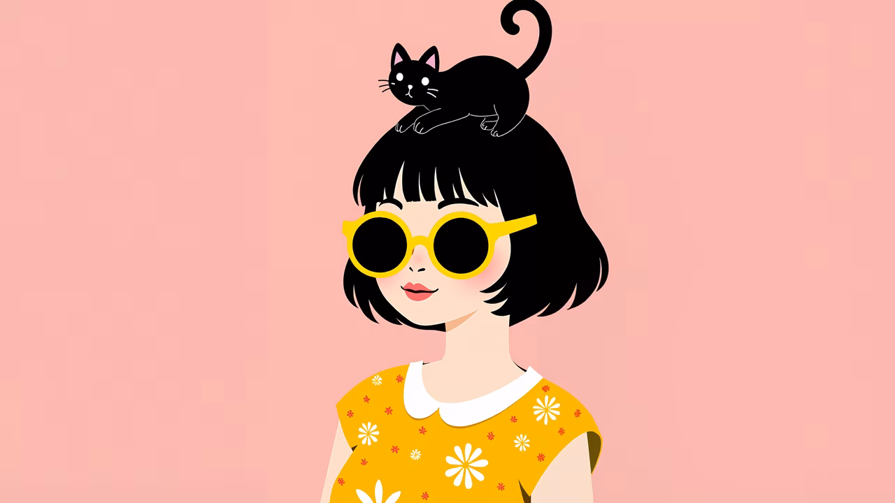 Whimsical illustration of a girl with a cat on her head, wearing sunglasses and a floral dress.