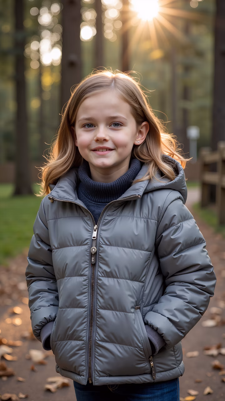 A child in a winter coat bathed in golden sunlight, capturing a moment of warmth and tranquility.