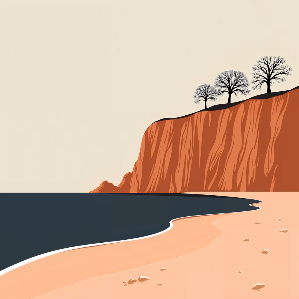 A peaceful beach scene with a dramatic cliff and bare trees, evoking tranquility and solitude.