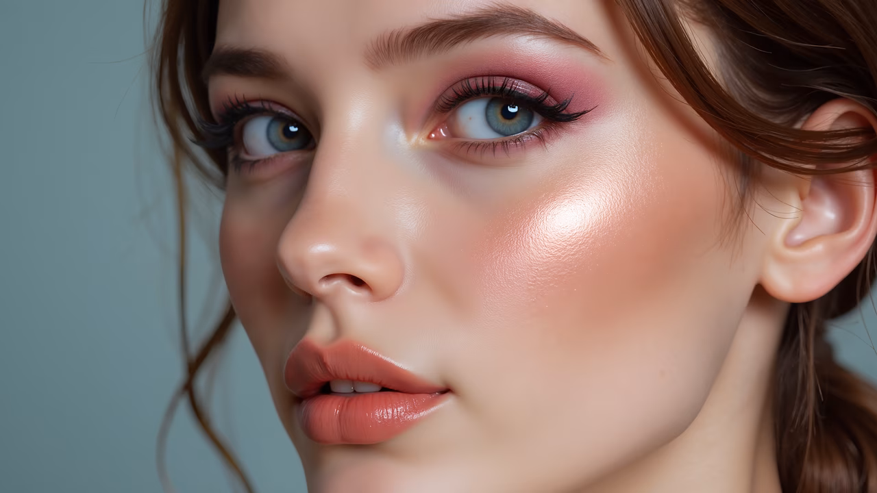 A close-up portrait showcasing detailed facial features and elegant makeup under soft lighting.