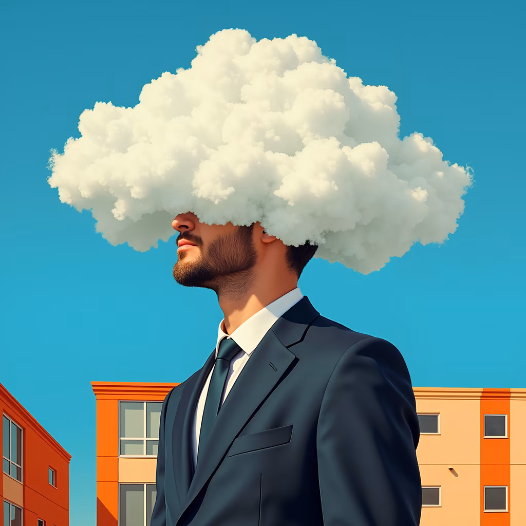 Man in suit with cloud head, surreal art, vibrant colors, whimsical
