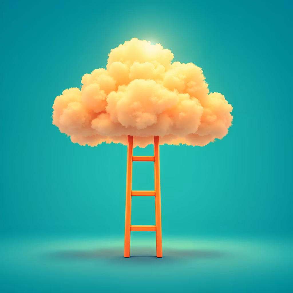 Whimsical cloud ladder on a tranquil teal background.
