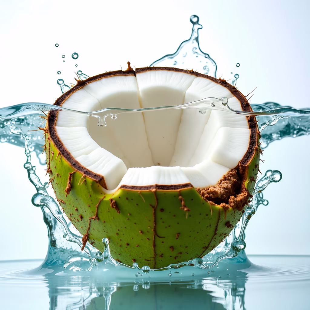 Close-up of a coconut with dynamic water splashes, emphasizing freshness and vibrancy.