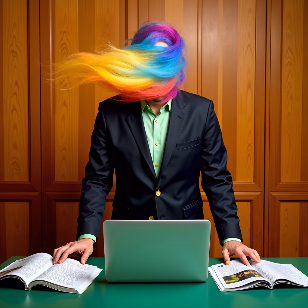 Vibrant rainbow hair in a professional setting, blending creativity and professionalism.
