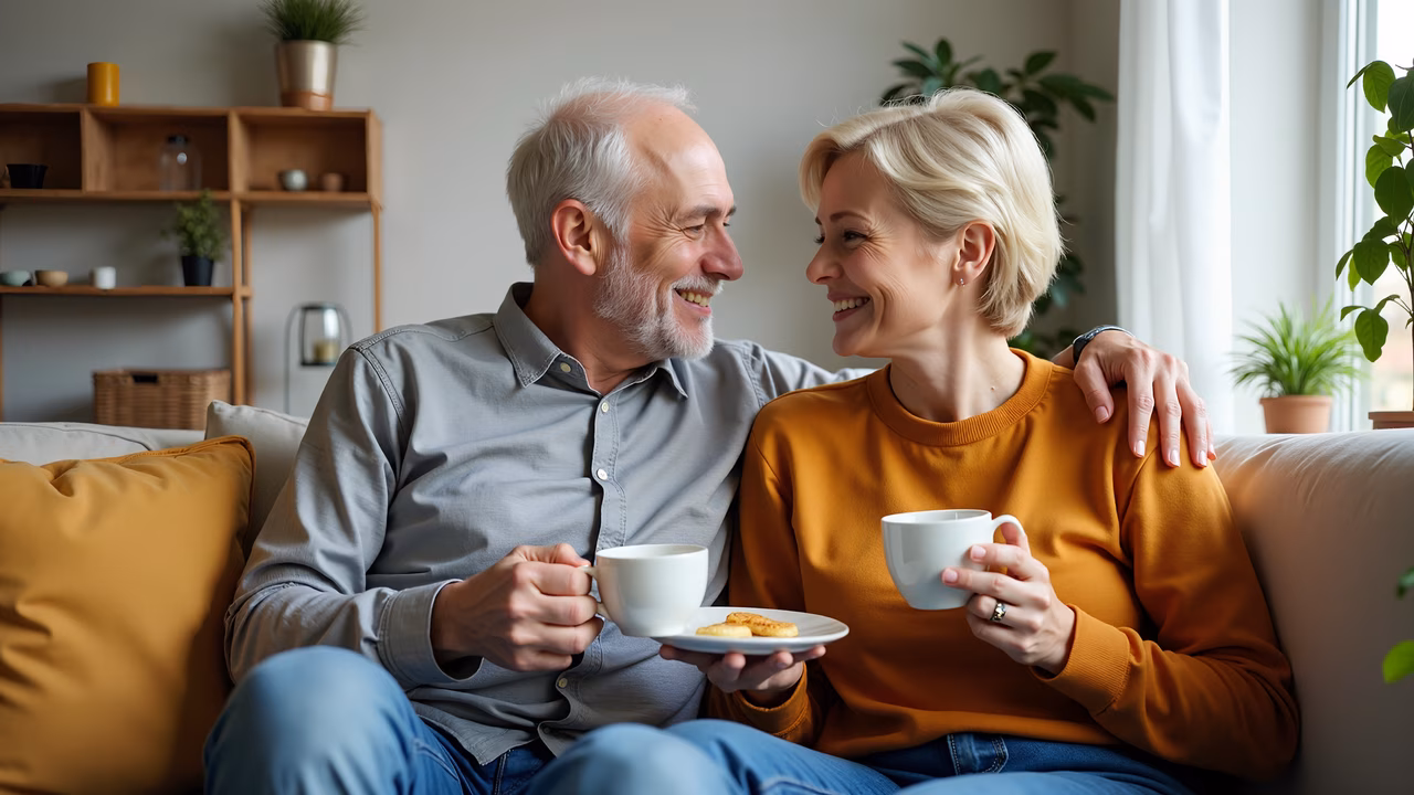 Elderly couple enjoying a comforting coffee moment together.