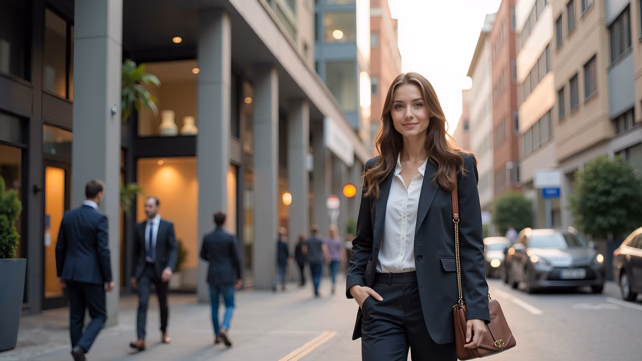 Confident businesswoman in a bustling urban setting, exuding professionalism and elegance.