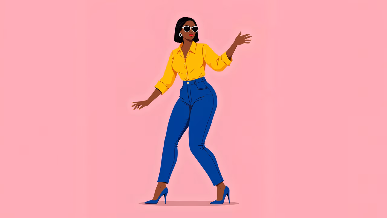 Confident fashion illustration featuring a stylish woman in motion against a pink backdrop.
