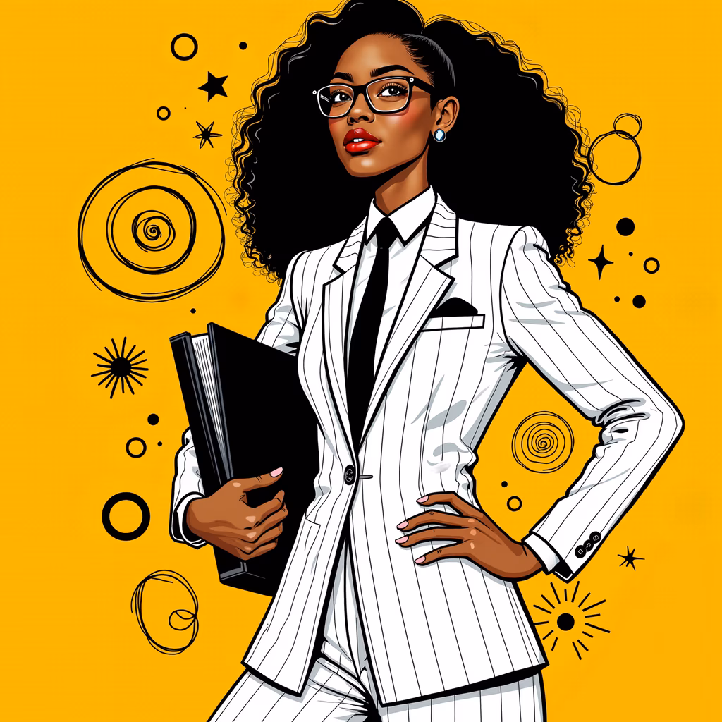 Confidently dressed professional in a stylish pinstripe suit, standing out against a bold yellow background.