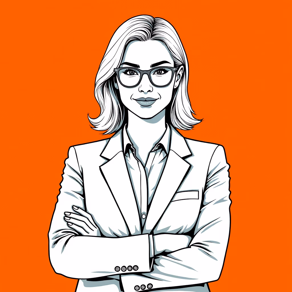 A powerful illustration of a determined woman in a white blazer, set against a bright orange backdrop.