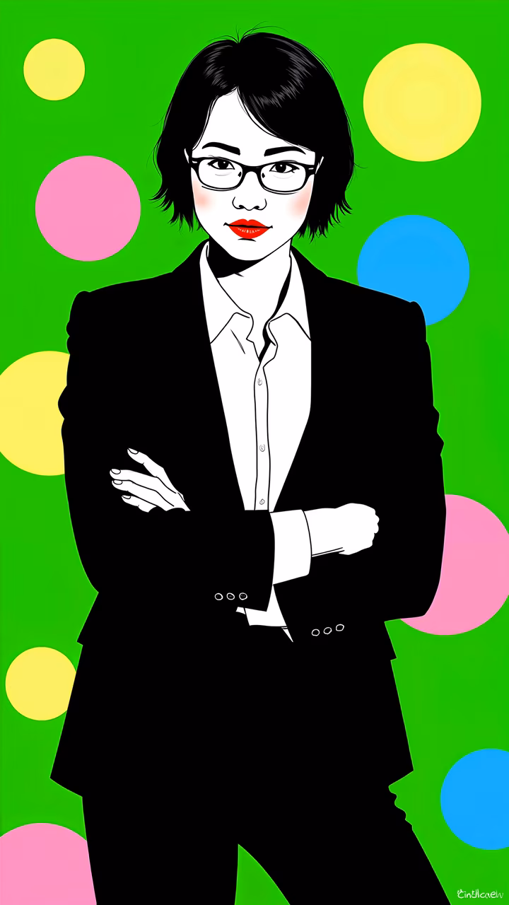Bold pop art illustration of a confident woman in a black suit on a colorful background.