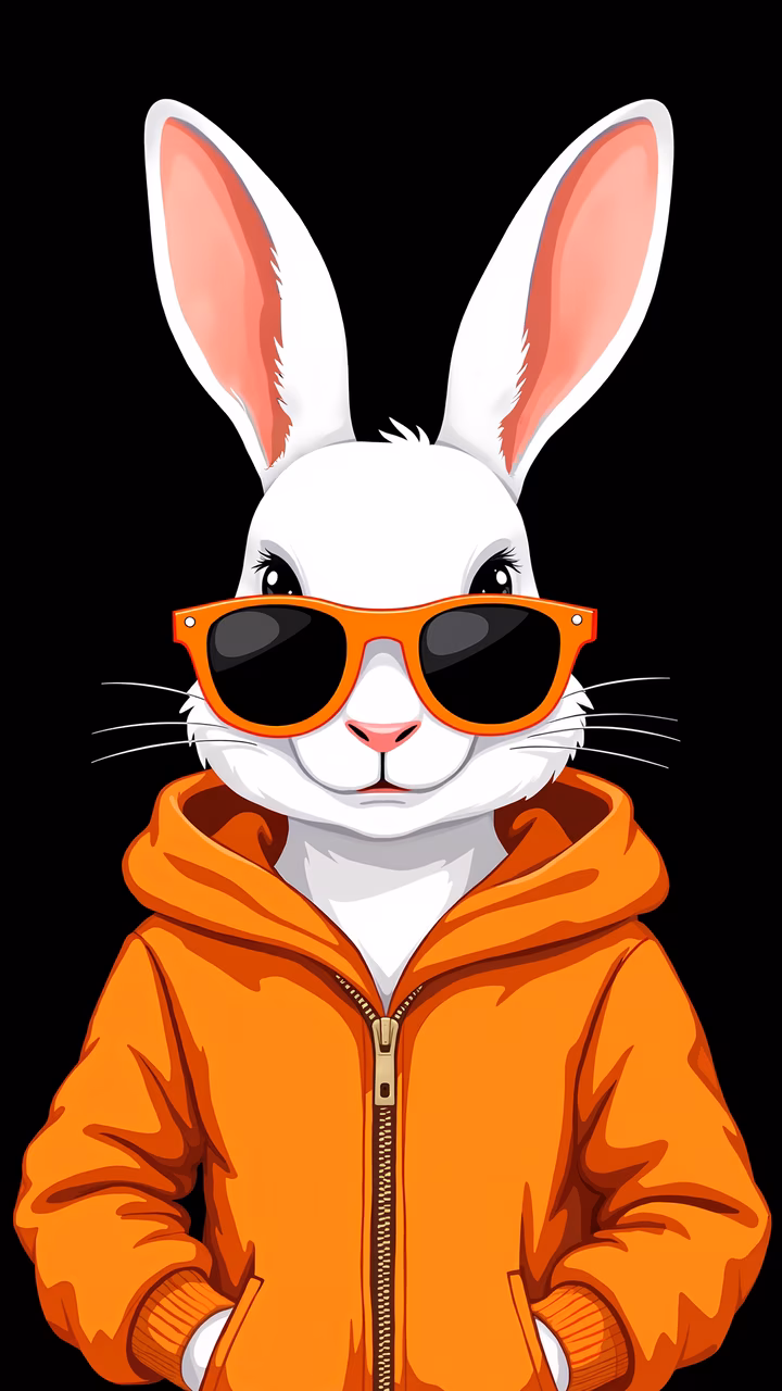 Cool bunny wearing sunglasses and hoodie against a black background.