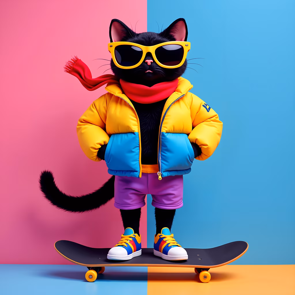 Stylish cartoon cat skateboarding on a colorful background.