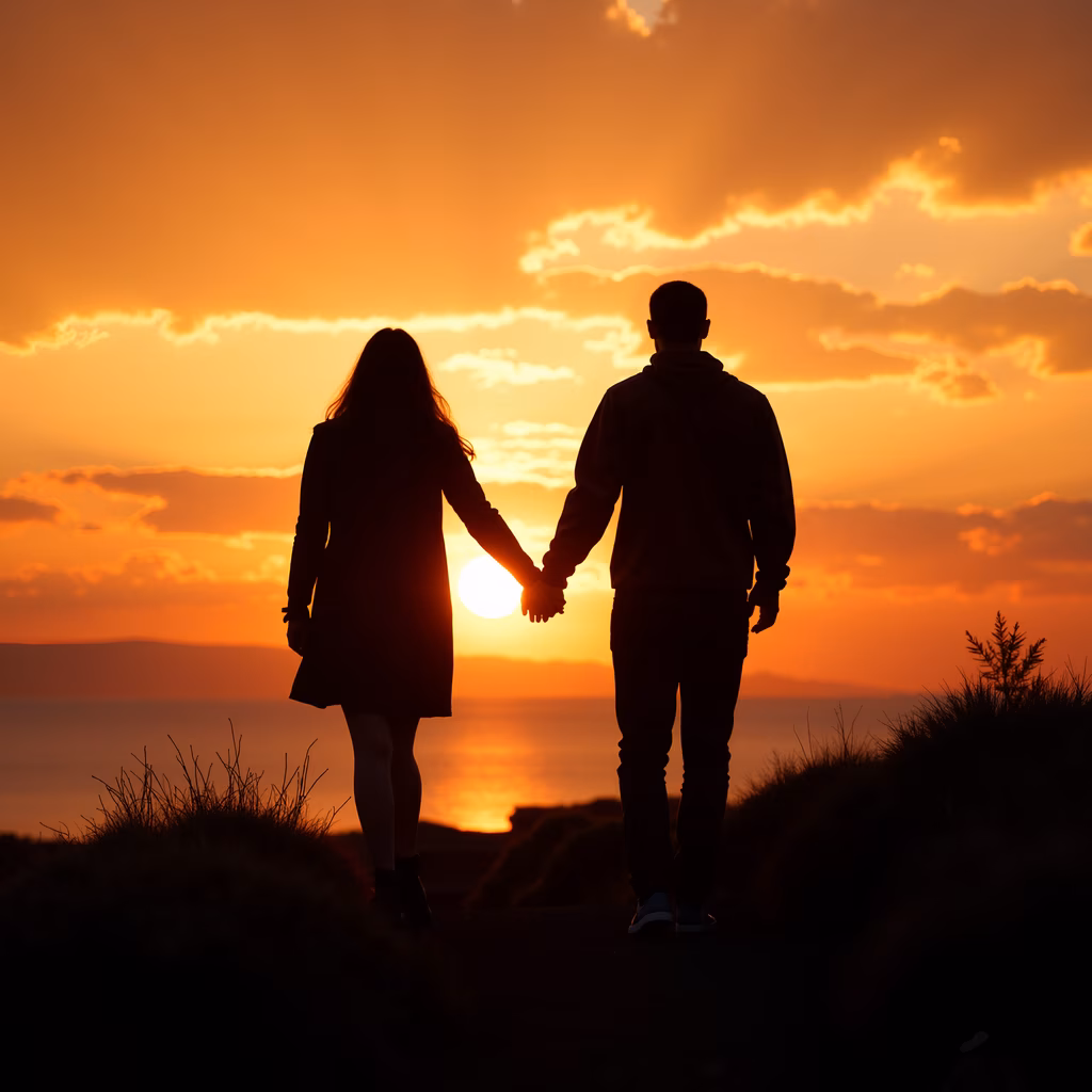 Romantic couple silhouetted against a stunning sunset sky, evoking feelings of love and connection.
