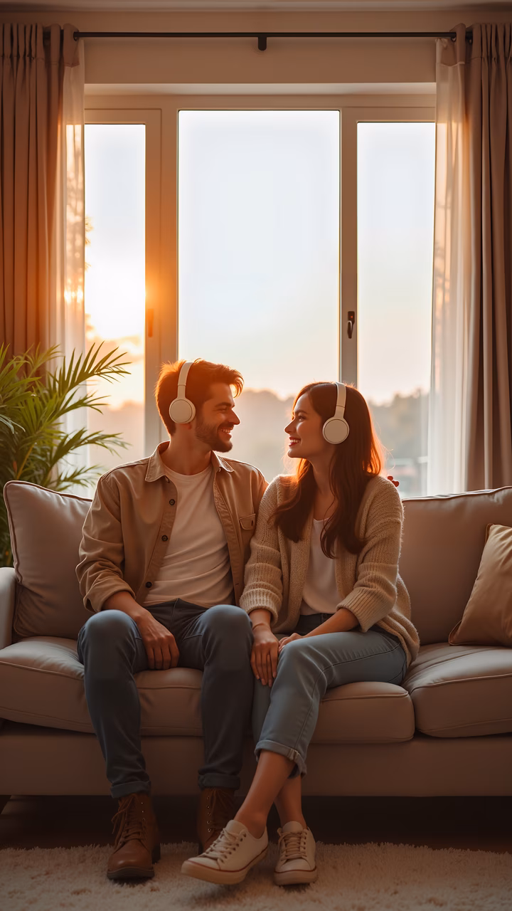 A couple enjoys music together in a cozy living room setting.