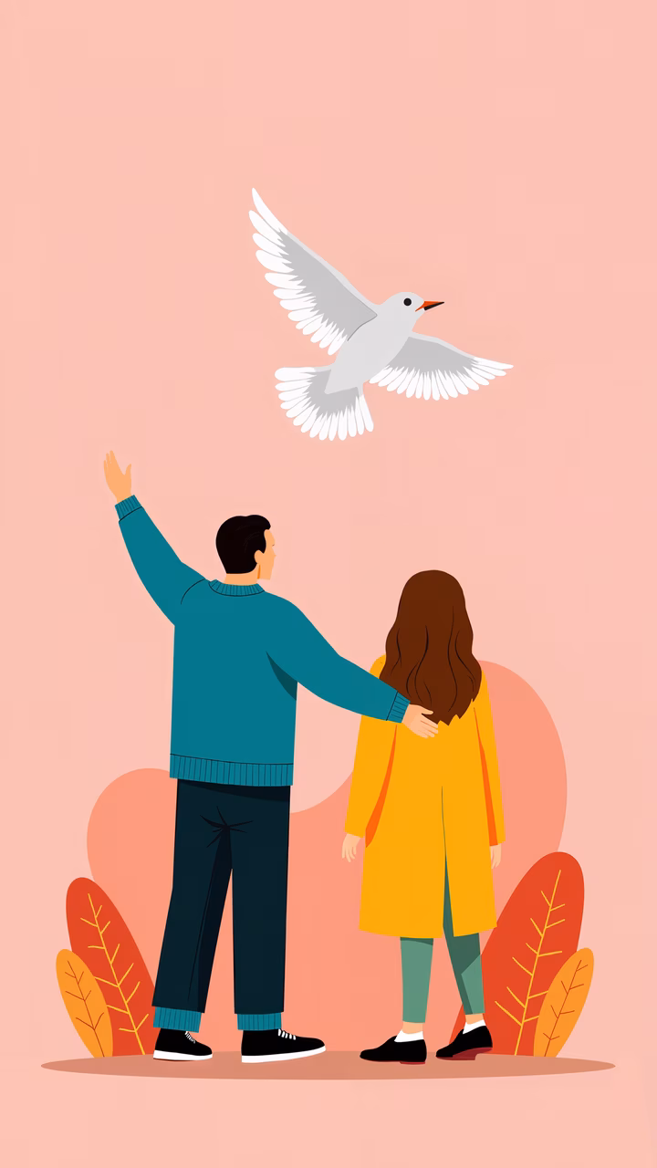 A couple watches a bird in a warm, affectionate moment.