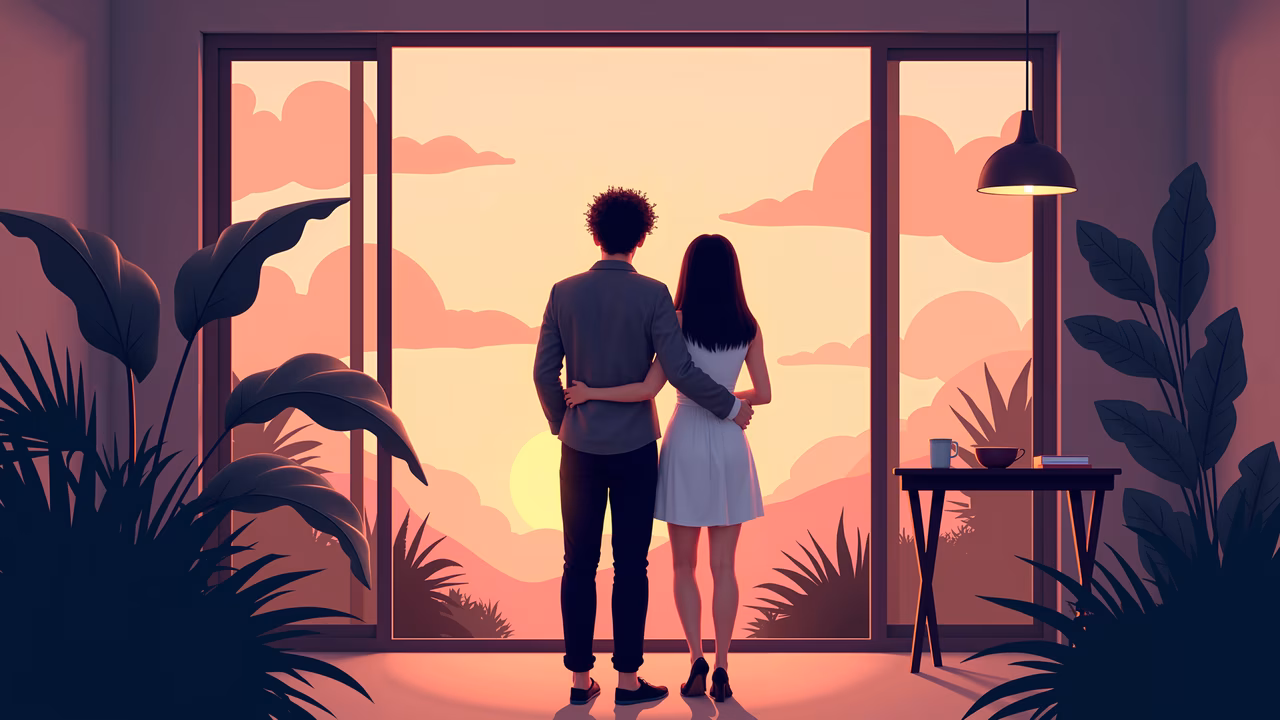 Romantic couple enjoying a peaceful sunset together.