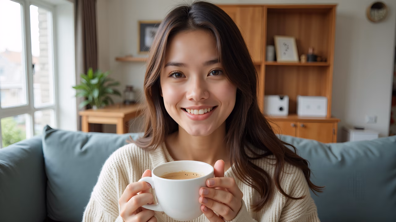 A serene moment of enjoying a warm cup of coffee in a cozy living room.