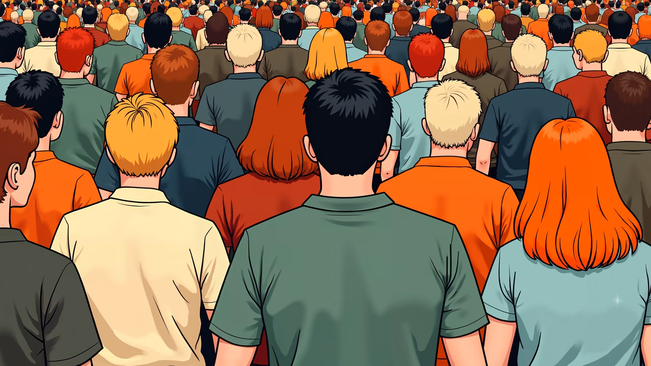 A dynamic crowd gathering, filled with diverse hairstyles and warm colors.