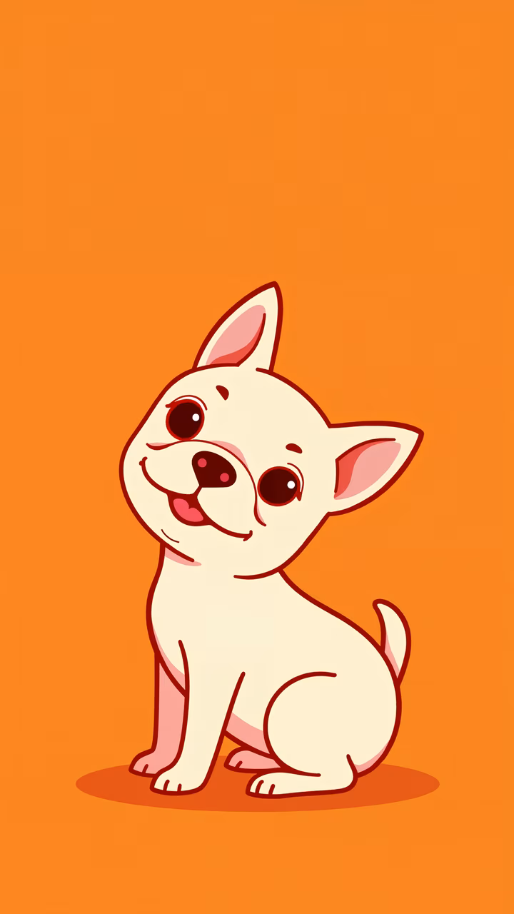 A cute cartoon dog with big eyes and a happy expression against an orange background.