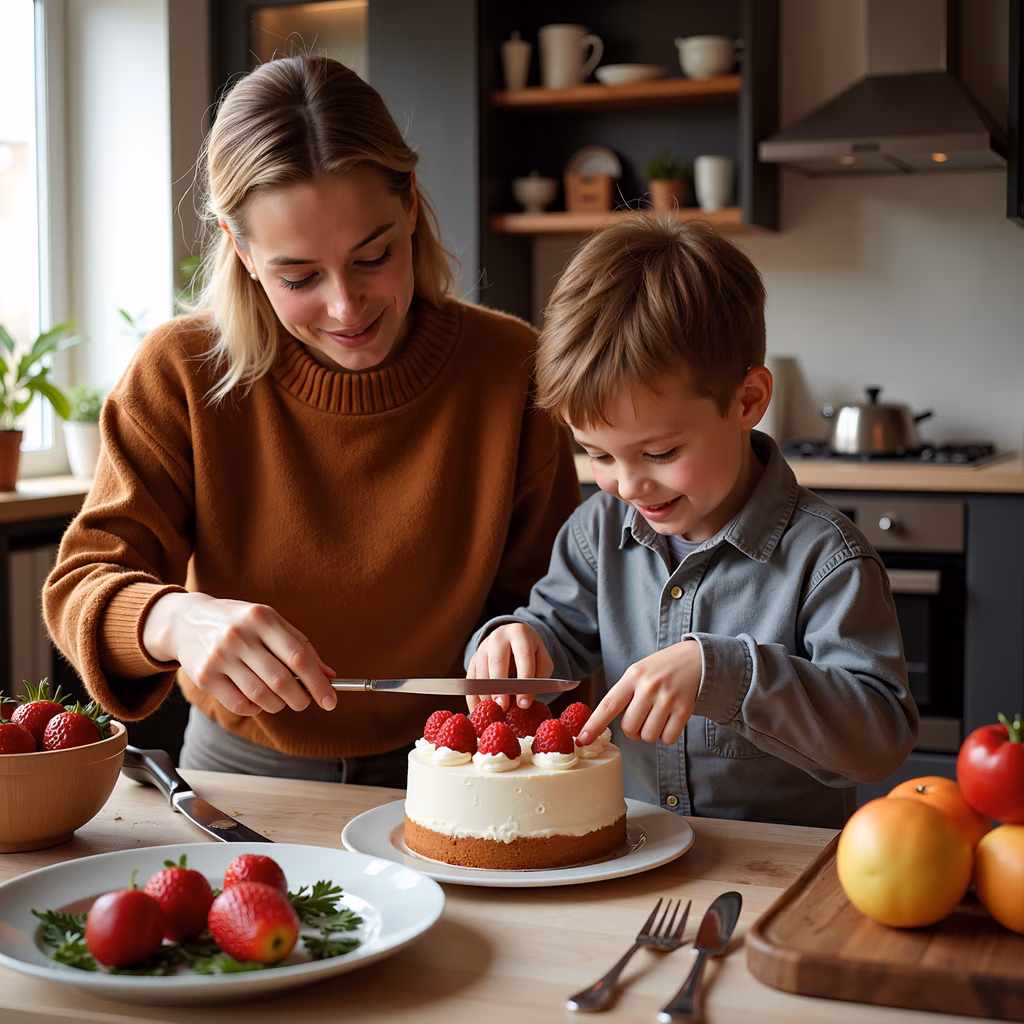 Mom and son share a sweet moment cutting a raspberry-topped cake in the kitchen.