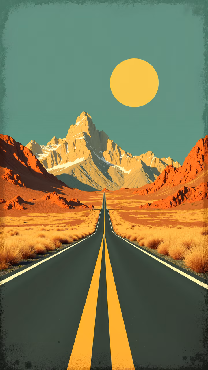 A tranquil desert road leading towards distant mountains under a warm sun.