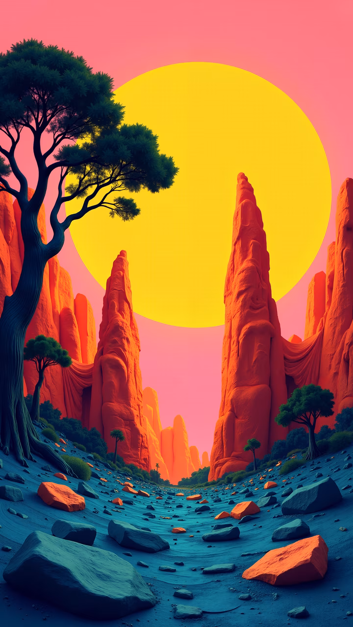 Surreal desert sunset with vibrant colors and dramatic rock formations.