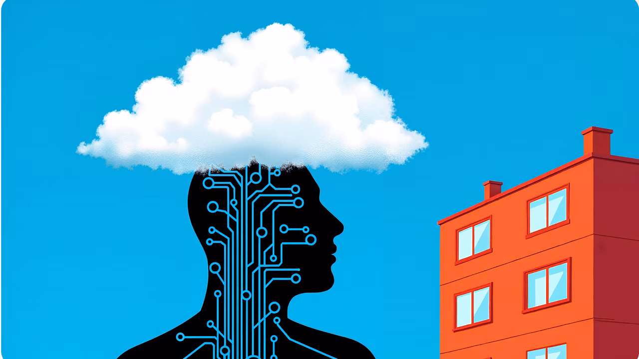 Human circuitry meets urban thought in a colorful digital mind illustration.
