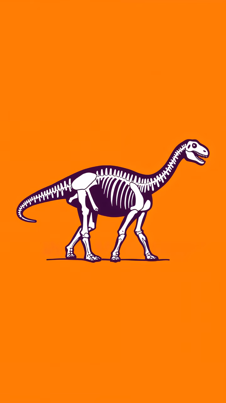 Vibrant orange background with a detailed dinosaur skeleton illustration.