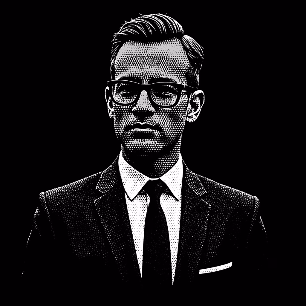 Monochrome dotted portrait of a formally dressed individual, evoking sophistication and mystery.