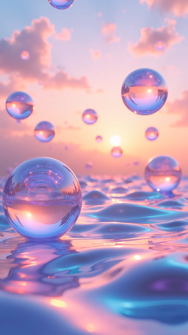 Iridescent bubbles floating over a shimmering water surface under a dreamy sky.