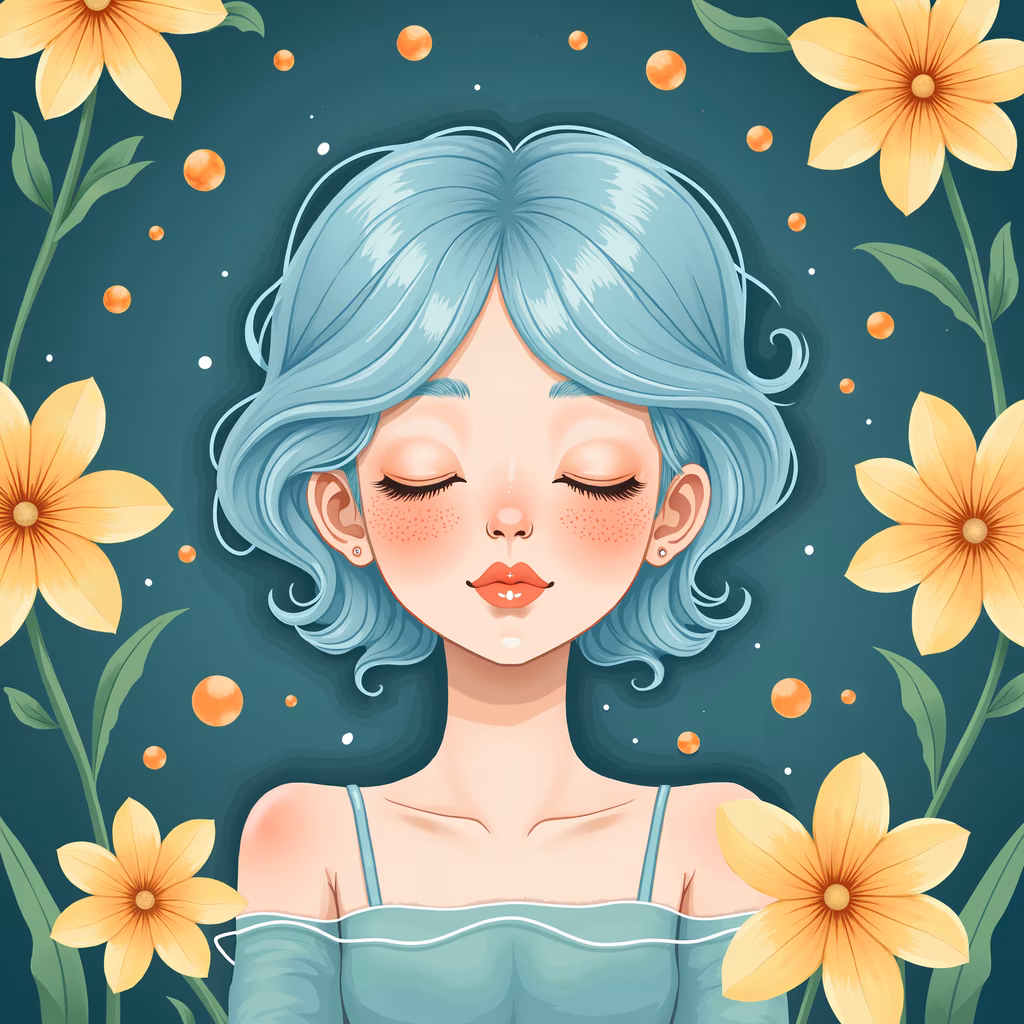 A tranquil illustration of a dreamy young woman surrounded by flowers and bubbles.