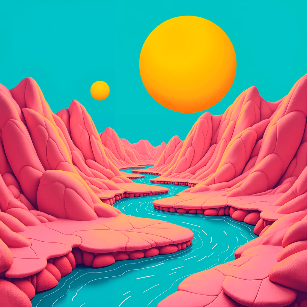 Vibrant surreal landscape with pink mountains and glowing yellow suns.