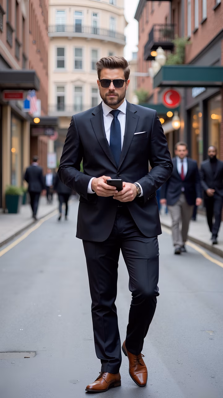 Sharp-suited gentleman in a bustling cityscape.