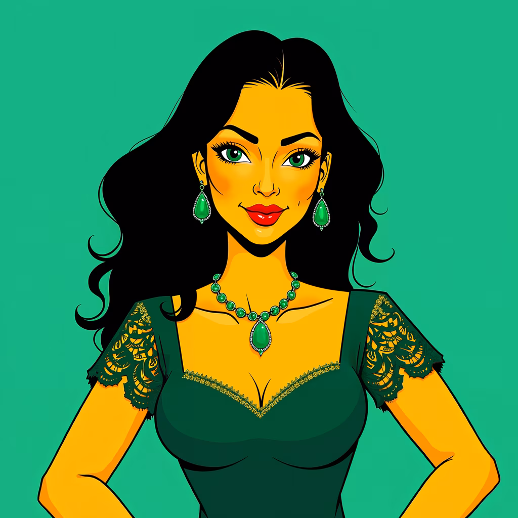 A stunning illustration of a woman in a green dress with elegant jewelry, set against a vibrant green background.