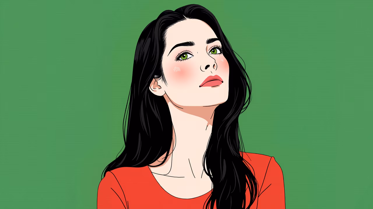 Elegant illustration of a woman with green eyes and red top, set against a green background.