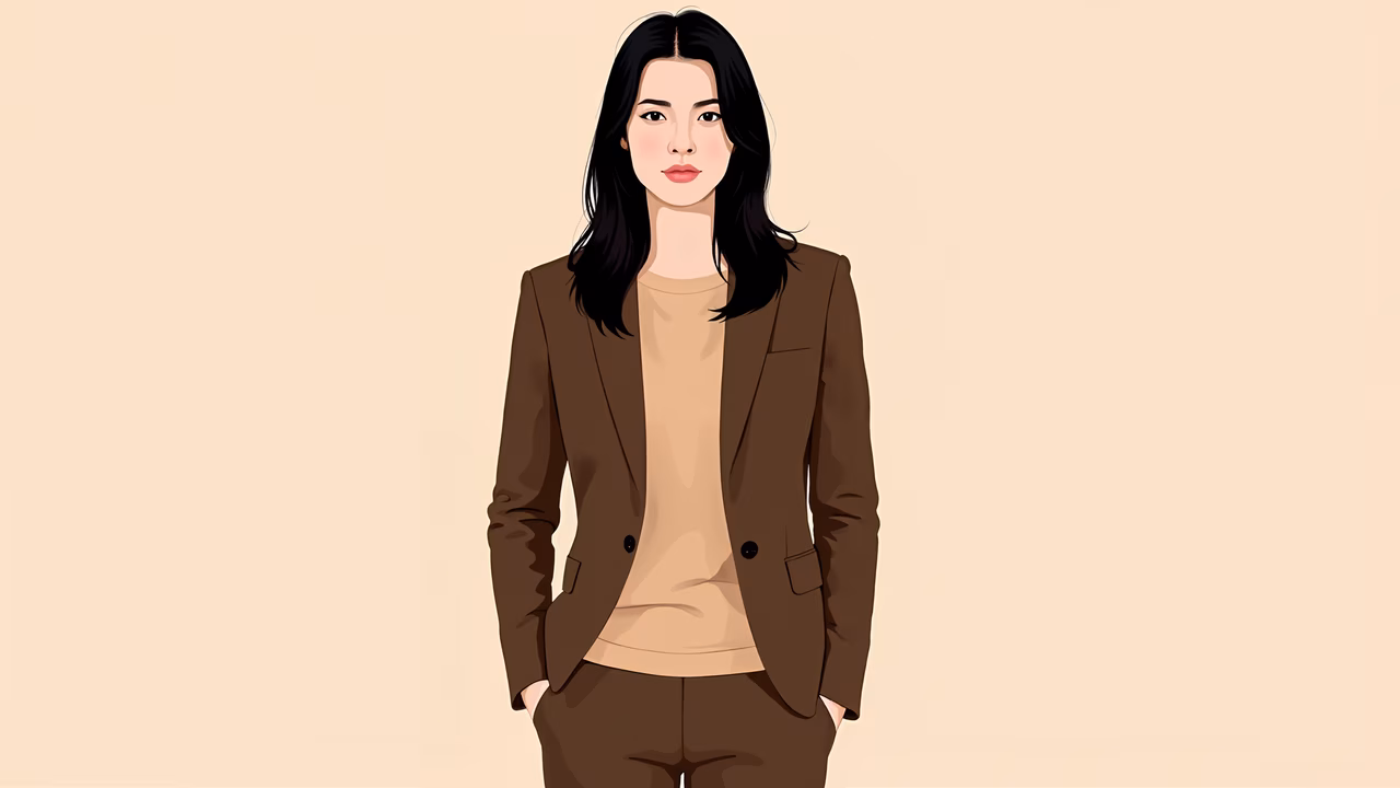 Elegant fashion illustration featuring a woman in a brown blazer and beige outfit.