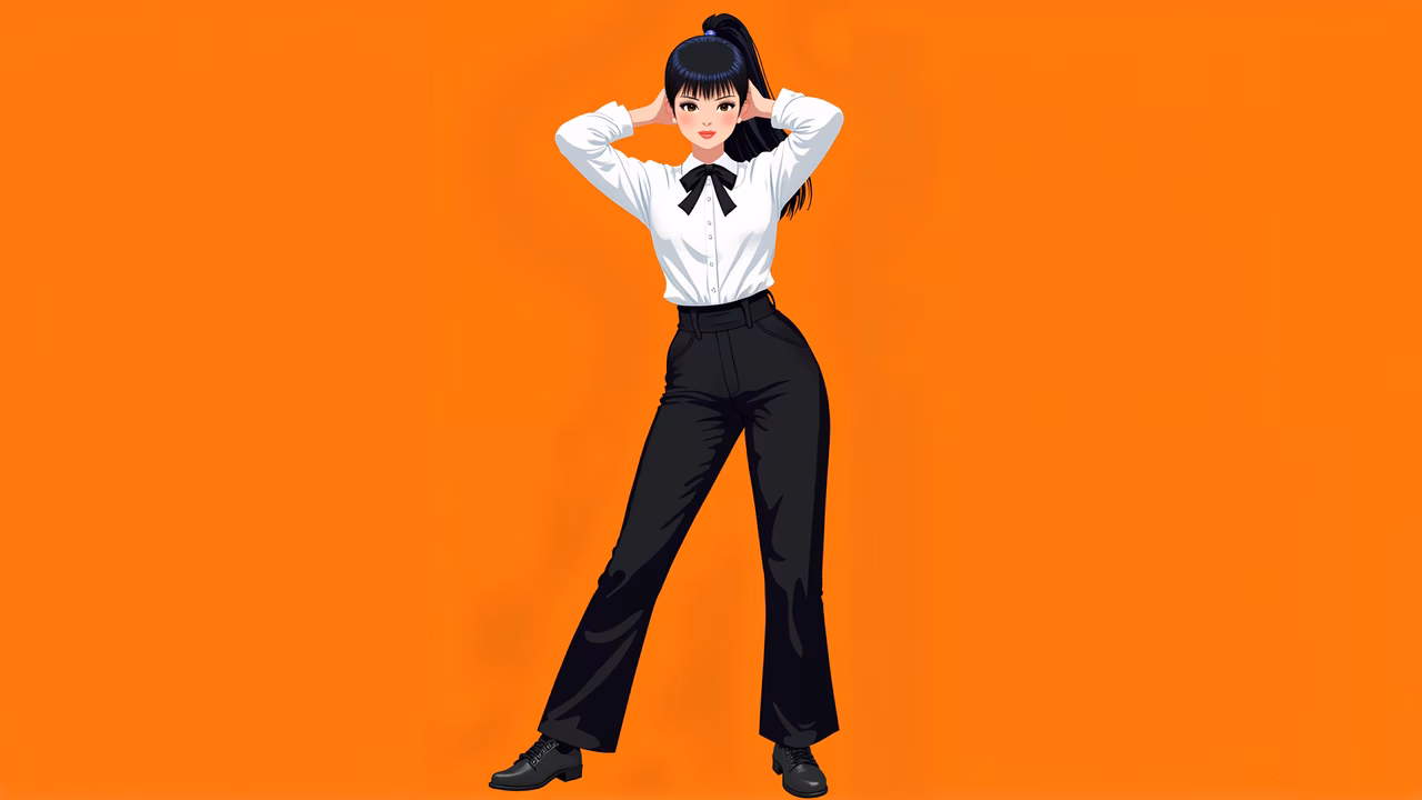 Elegant fashion illustration with monochrome attire against a bold orange backdrop.